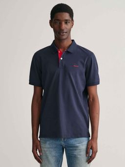 GANT - Mens Navy Blue Solid Regular Fit Contrast Pique Polo T-Shirt