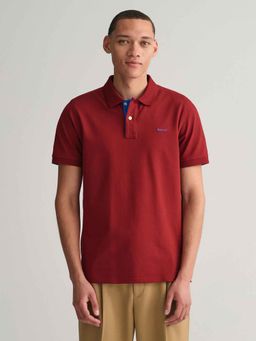 GANT - Mens Red Solid Regular Fit Contrast Pique Polo T-Shirt