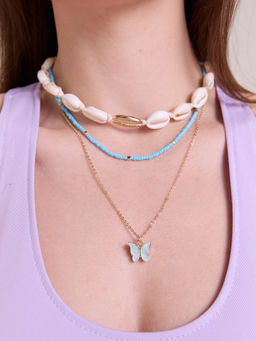 MIXT by Nykaa Fashion Blue And Off White Beaded Shell Butterfly Necklace Set Of 3