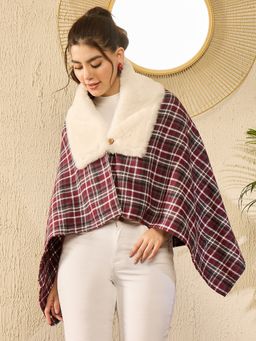 InWeave - Women Burgundy Checks Poncho
