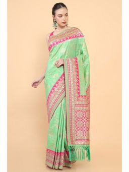Soch - Women Green Silk Woven Saree with Unstitched Blouse