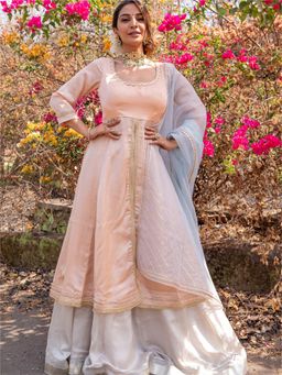 Lavanya The Label - Peach And Grey Anarkali Skirt Set (Set of 3)