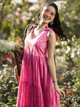 Libas - Pink Printed Cotton Fit and Flare Dresses for Women
