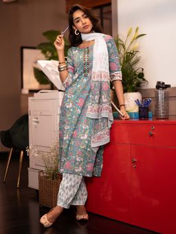 Libas - Blue Floral Printed Straight Kurta with Salwar and Dupatta (Set of 3)