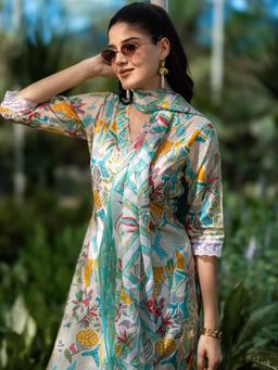 Libas - Blue Floral Printed Straight Kurta & Pant with Dupatta (Set of 3)