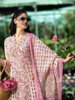 Libas - Cream Floral Printed A Line Kurta and Salwar with Dupatta (Set of 3)