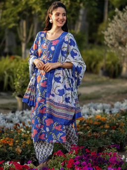 Libas - Blue Floral Printed Straight Kurta with Salwar & Dupatta (Set of 3)