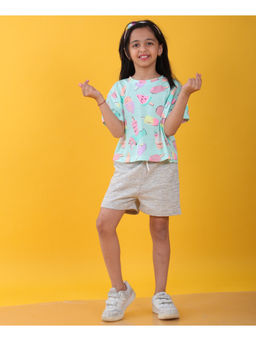 ANTHRILO - Girls Aqua & Grey Printed T-ShirT with Shorts (Set of 2)