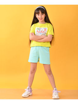 ANTHRILO - Girls Lime Green & Blue Graphic T-Shirt with Shorts (Set of 2)