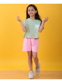 ANTHRILO - Girls Green & Pink Printed T-Shirt with Shorts (Set of 2)