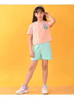ANTHRILO - Girls Peach & Blue Printed T-Shirt with Shorts (Set of 2)