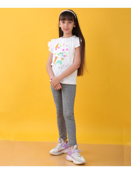 ANTHRILO - Girls White & Grey Printed T-Shirt with Leggings (Set of 2)