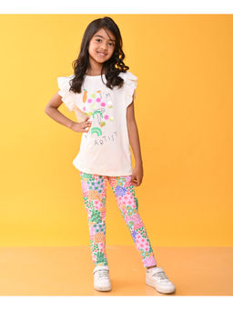 ANTHRILO - Girls White & Multi-Color Printed T-Shirt with Leggings (Set of 2)