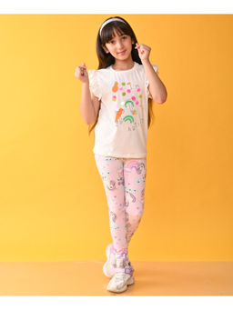 ANTHRILO - Girls Off White & Pink Printed T-Shirt with Leggings (Set of 2)