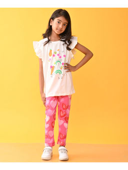 ANTHRILO - Girls White & Pink Printed T-Shirt with Leggings (Set of 2)