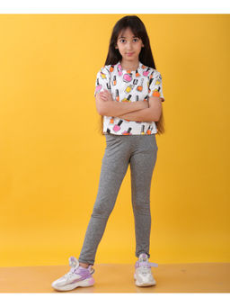 ANTHRILO - Girls White & Grey Printed T-Shirt with Leggings (Set of 2)