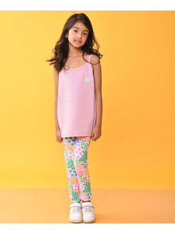 ANTHRILO - Girls Pink Self Design Top with Leggings (Set of 2)
