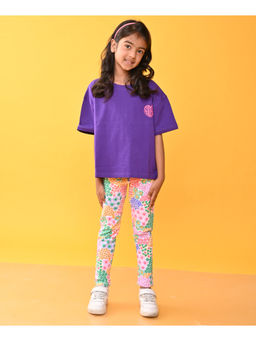ANTHRILO - Girls Purple Solid T-Shirt with Printed Leggings (Set of 2)
