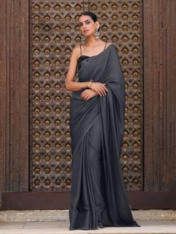 Swtantra - Lead Grey Satin Solid Saree without Blouse