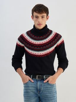 GANT - Men Black Cotton Textured Turtle Neck Regular Fit Sweater