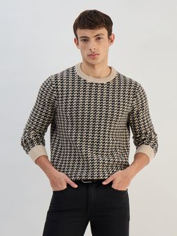 GANT - Men Beige Blended Checks Round Neck Regular Fit Sweater