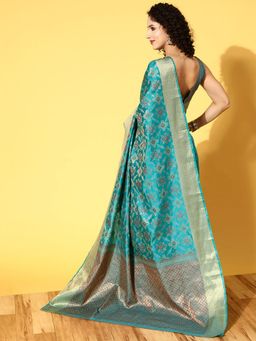 Odette - Silk Blend Teal Blue Woven Design Saree with Unstitched Blouse