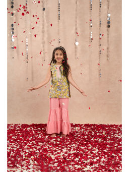 Lil Drama - Girls Yellow & Pink Floral Kurta with Sharara (Set of 2)