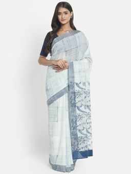 Fabindia - Off White Cotton Printed Saree without Blouse