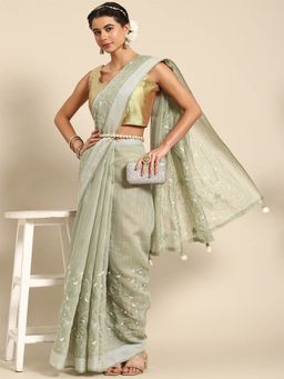 Odette - Green Cotton Embroidered Saree with Unstitched Blouse