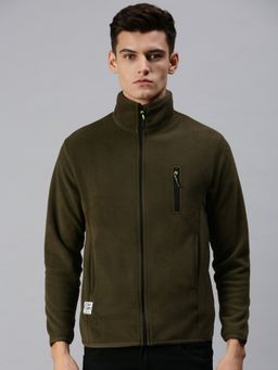 SHOWOFFFF - Men Casual Polyester Front Open Olive Jacket