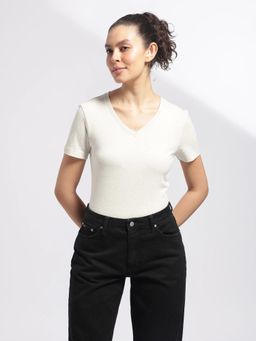 Calvin Klein - Off White Solid Relaxed Fit Cotton T-Shirt