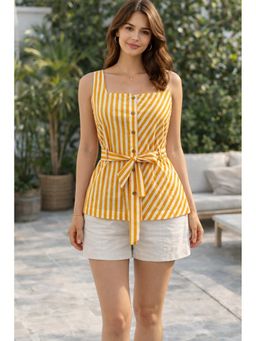 sencei - Yellow Striped Tie-Up Cotton Top with Belt
