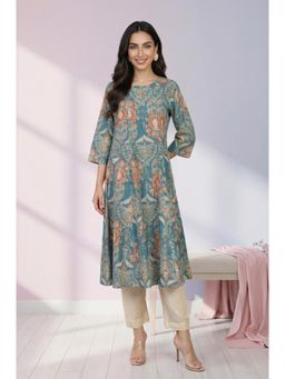 W - Teal Floral Printed Pure Cotton A-Line Kurta
