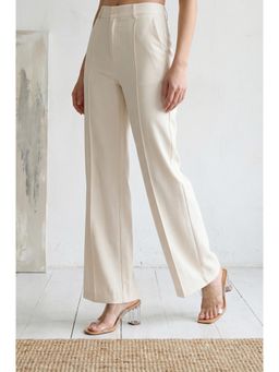 Elleven - Women's Cream Solid Rayon Blend Straight Boss Trouser