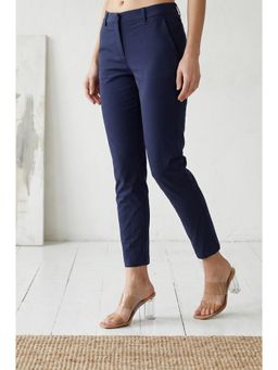 Elleven - Women's Navy Blue Solid Cotton Spandex Slim Fit Trouser