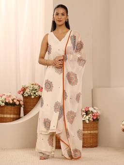Libas - Off White Ethnic Motifs Printed Straight Kurta With Palazzo & Dupatta