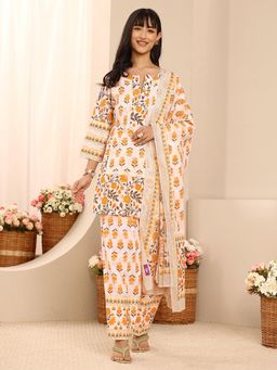 Libas - Yellow Floral Printed Straight Kurta With Salwar & Dupatta