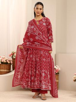 Libas - Red Floral Printed Panelled Anarkali Kurta With Pant & Dupatta