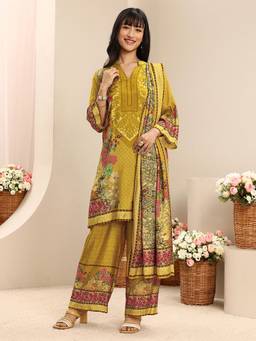 Libas - Mustard Ethnic Motif Printed Short Kurta With Palazzo & Dupatta