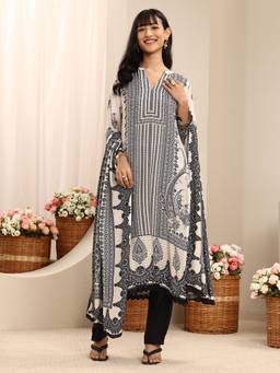 Libas - White Ethnic Motif Printed Straight Kurta With Pant & Dupatta