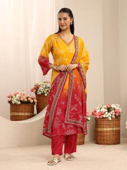 Libas - Mustard Floral Printed Muslin Straight Suit Set With Dupatta