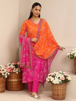 Libas - Orange Floral Printed Muslin Straight Suit Set With Dupatta