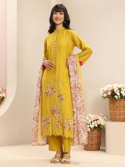 Libas - Yellow Floral Embroidered Straight Kurta With Pant & Dupatta