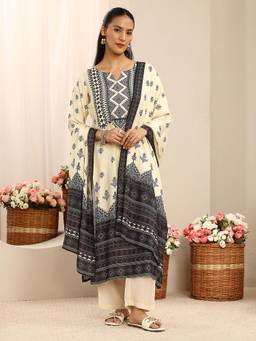 Libas - Off White Ethnic Printed Muslin Straight Suit Set With Dupatta