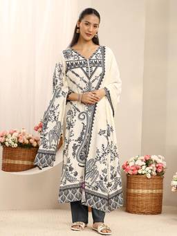 Libas - Off White Ethnic Printed Muslin Straight Suit Set With Dupatta