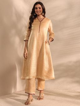 Libas - Beige Solid A-Line Kurta With Pant