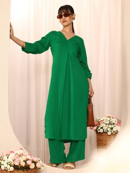 Libas - Green Solid Front Pleat A-Line Kurta With Palazzo