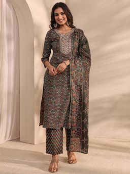 Gerua By Libas - Green Floral Printed Straight Kurta With Pant & Dupatta