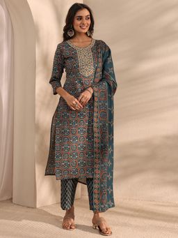 Gerua By Libas - Teal Ethnic Motif Printed Straight Kurta With Pant & Dupatta