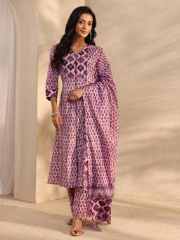 Libas - Lavender Floral Printed Panelled Straight Kurta With Palazzo & Dupatta